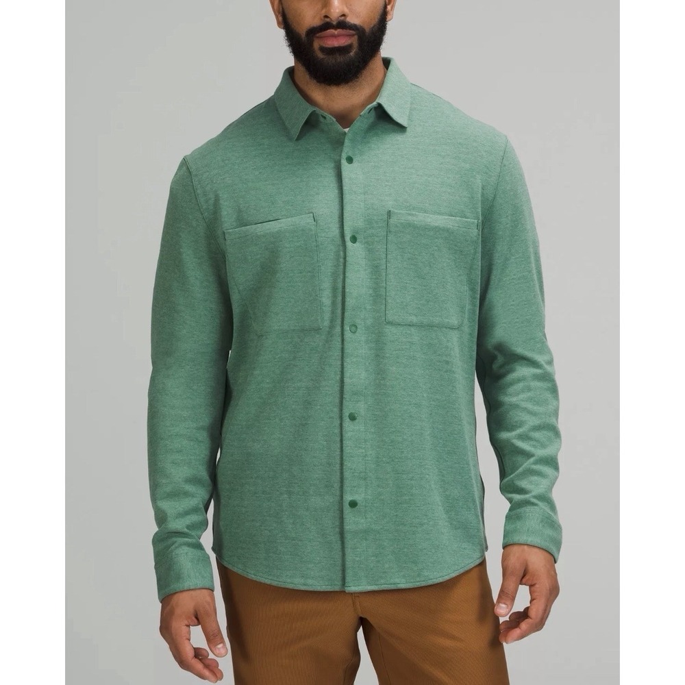 Lululemon Soft Knit Overshirt Men XL Everglade Green Zip Pocket Snap Outdoor EUC
